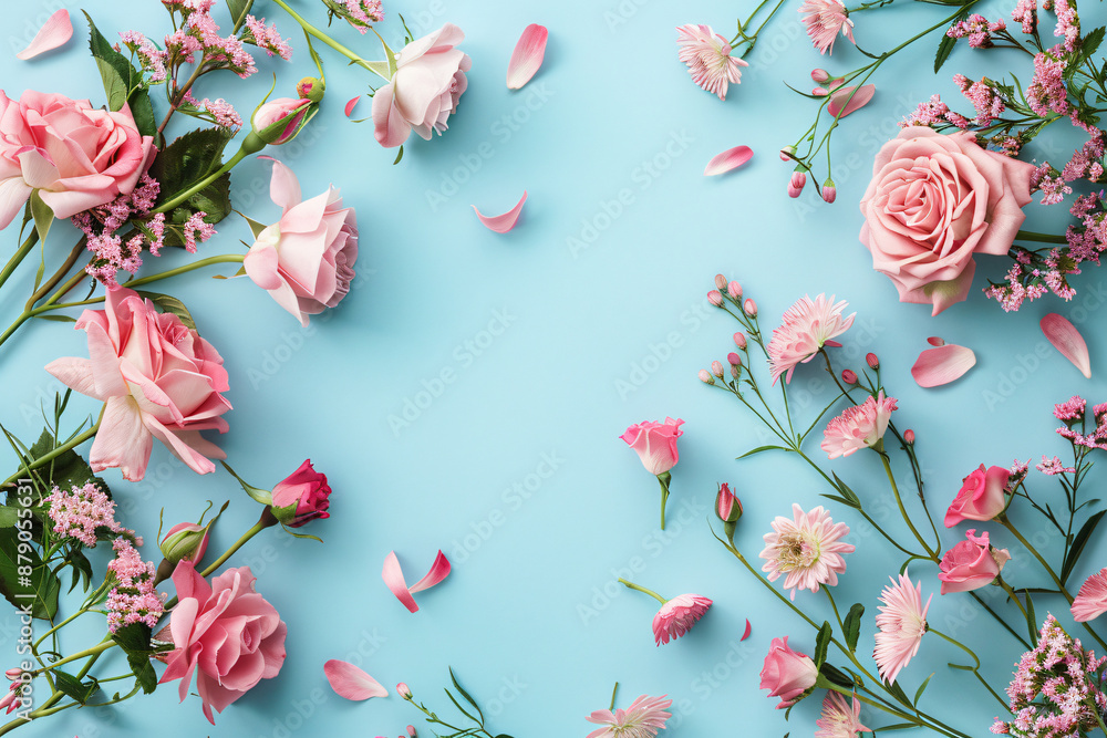 Poster flat lay, top view of pink roses and chrysanthemums on a pastel blue background with space for text.