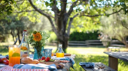 Fototapeta premium An outdoor picnic table under a shady tree, set with a casual lunch spread and colorful summer drinks, ideal for a family gathering.