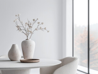 Minimalist dining room interiors in plain neutral colors, a contemporary dining table and copy space. Architectural Real Estate conceptual image.