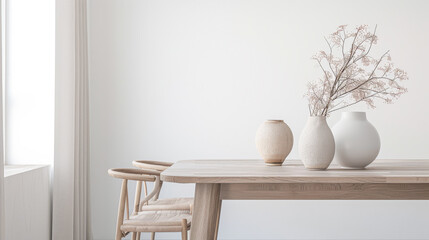 Minimalist dining room interiors in plain neutral colors, a contemporary dining table and copy space. Architectural Real Estate conceptual image.