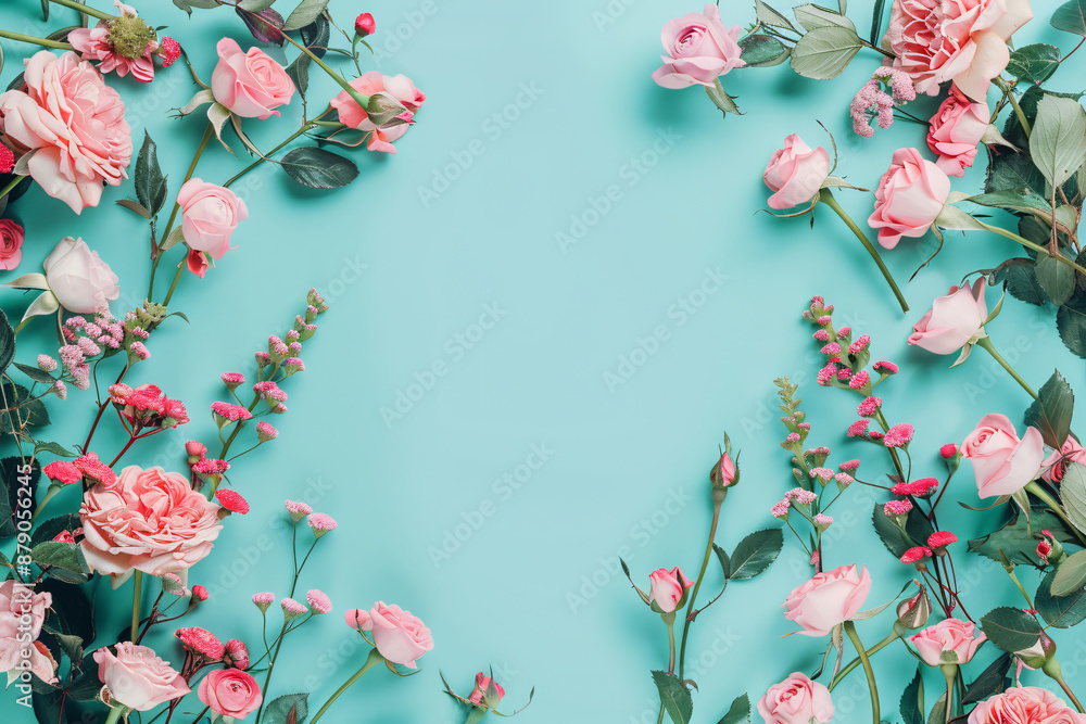Poster flat lay, top view of pink roses and chrysanthemums on a pastel blue background with space for text.