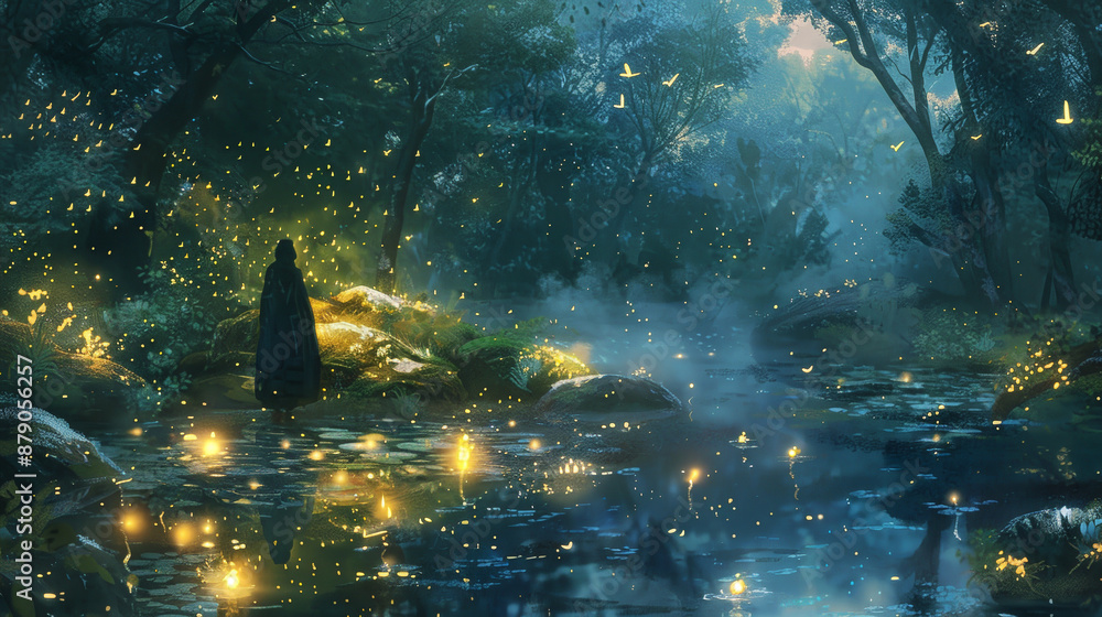 Poster a person is standing in a forest with a dark cloak and a lantern