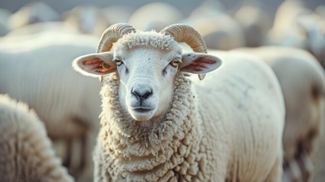 Sheep with horns on a farm Focus on one animal