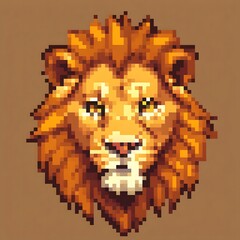 オスのライオンの顔単体の正面ドット絵イラスト