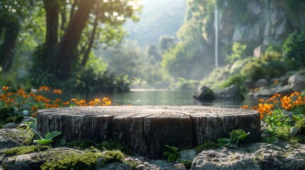 Fototapeta premium Empty round stone podium table in the garden with green nature background