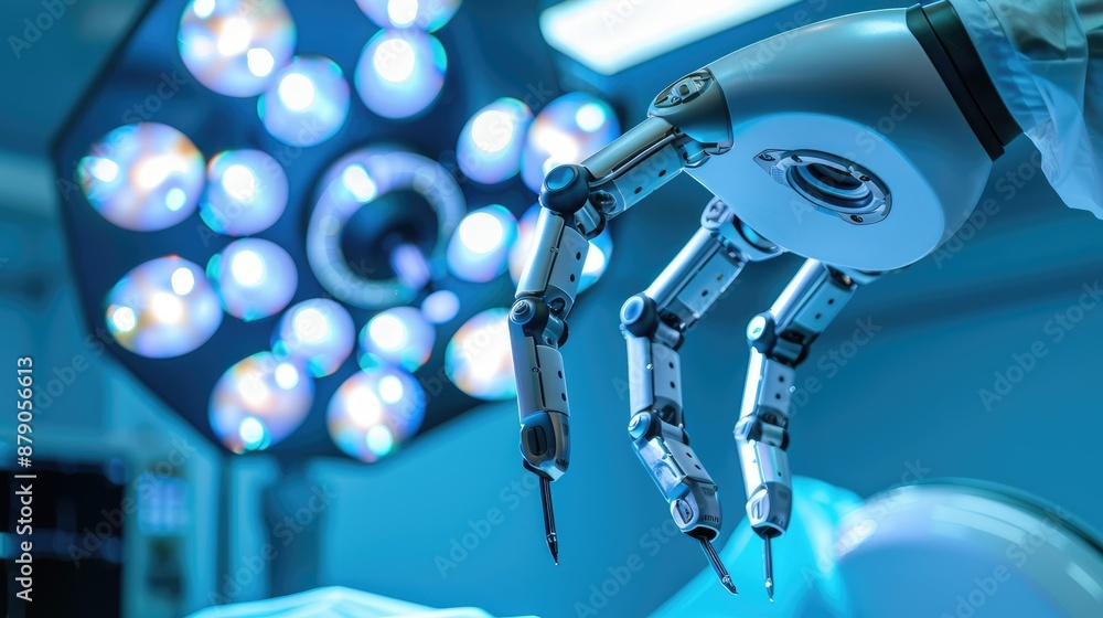 Poster a futuristic scene shows two robotic arms in a highly advanced and technical setting, engaged in pre
