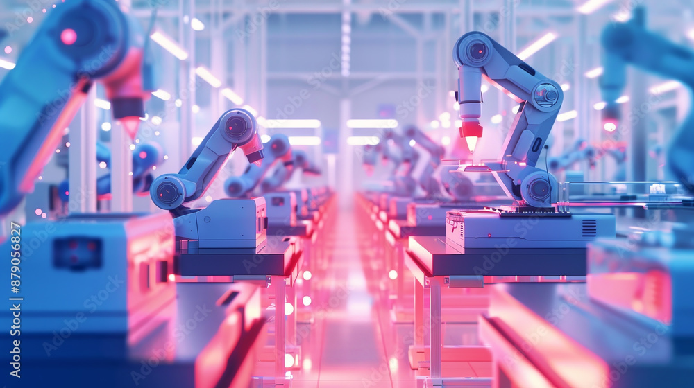 Poster a factory with robots working on a conveyor belt