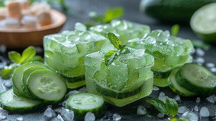 Close-up of refreshing cucumber and mint ice cubes on a black surface.