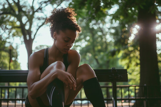 A woman sits on a bench with her legs crossed and her hands on her knees