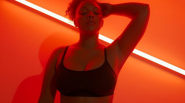 Curvy lady in athletic wear, showcasing her strong and toned physique, set in a vibrant, energetic environment