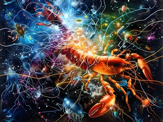 Intricate Neural Network Intertwined with Lobster Claws in a Cosmic Dreamscape