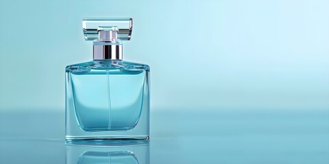 Blue perfume bottle against tranquil backdrop exudes serenity and sophistication. Concept Product Photography, Blue Perfume Bottle, Tranquil Backdrop, Serenity, Sophistication