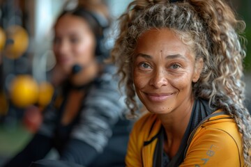 Obraz premium Carefree successful woman with afroprice in sportswear looks at the camera with her head tilted and smiles.