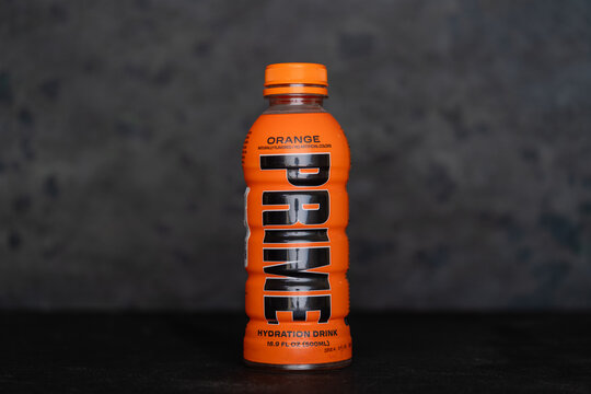 Doha, Qatar - July 10, 2024: Prime is an energy drinks created and marketed by Prime Hydration, LLC. Orange flavored. 