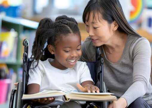 A smiling African-American schoolgirl in a wheelchair and an Asian teacher with a zu textbook are engaged in lessons - Powered by Adobe