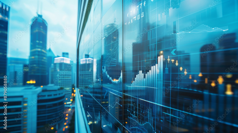 Poster a city skyline with a large window that shows a graph of numbers
