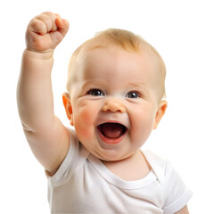 Funny baby hold up fist with happy emotion Isolated on white background