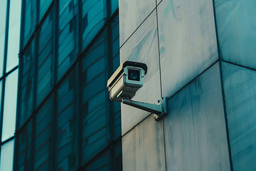 A security camera is mounted on a building