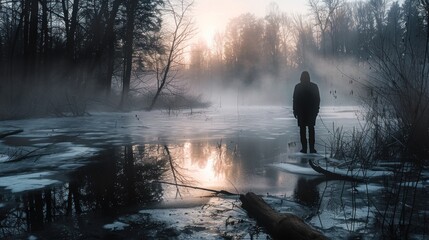 Obraz premium Mysterious Figure in Foggy Dawn