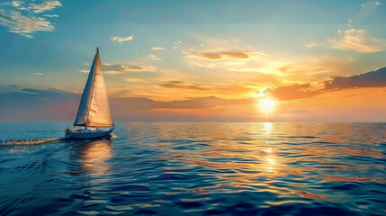Fototapeta premium A sailboat glides across the water towards a fiery sunset, creating a serene and picturesque scene.