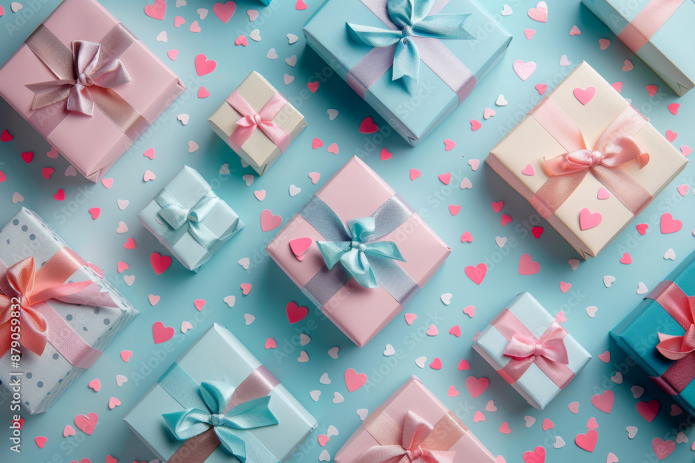 Poster a row of colorful boxes with bows on top and hearts on the bottom
