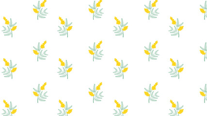 seamless floral pattern with bouquets of yellow flowers small tree branch, leaf on a white background, hand drawn cartoon yellow Caesalpinia pulcherrima with leaves