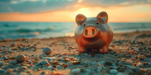 Piggy Bank on Beach Symbol of Financial Freedom and Independence - High-Quality Image. Concept Financial Freedom, Piggy Bank, Beach, Independence, High-Quality Image