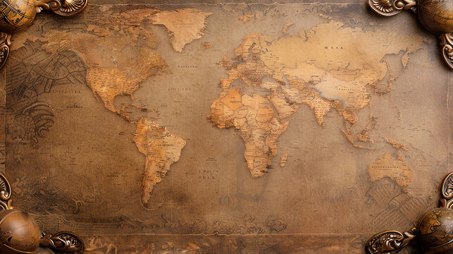 A vintage world map with an ornate frame