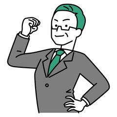 力こぶを作ってみせる中年のスーツの男性