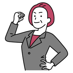 力こぶを作ってみせる中年のスーツの女性