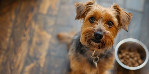 Excited Small Dog Waiting to Eat from His Food Bowl. Concept Small Dog, Excited, Eating, Food Bowl