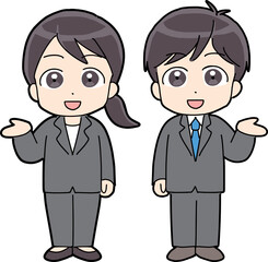 笑顔で紹介している若いスーツの男女