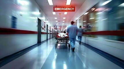 Medical staff rushing a patient on a stretcher down a hospital corridor towards the emergency room.