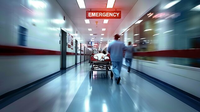 Medical staff rushing a patient on a stretcher down a hospital corridor towards the emergency room.