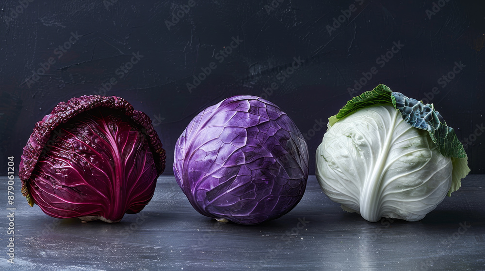 Aufkleber three different colored cabbage heads are displayed on a counter