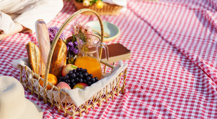 Picnic Lunch Meal Outdoors Park with food picnic basket. enjoying picnic time in park nature outdoor