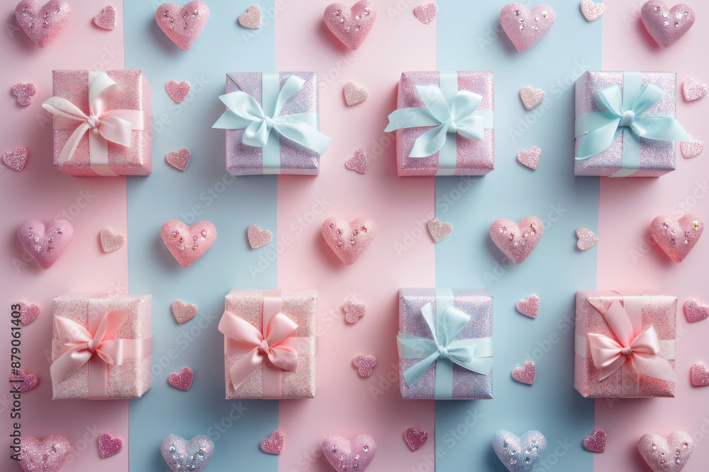 Poster a row of colorful boxes with bows and hearts on them