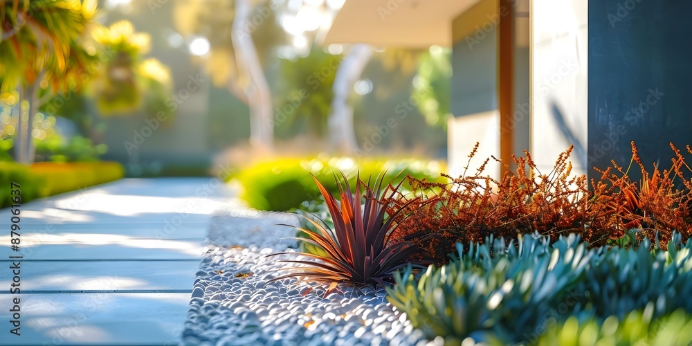 Poster harmonious integration of architecture and nature in a colorful minimalist garden. concept architect