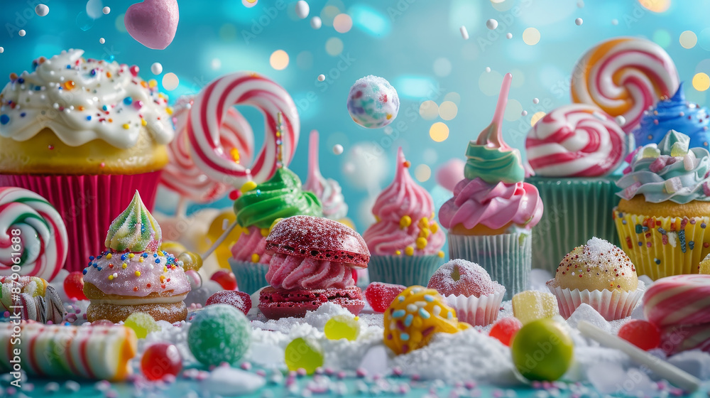 Poster a colorful assortment of cupcakes and lollipops are displayed on a table