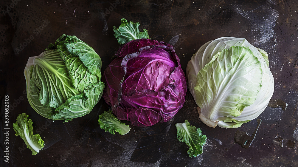 Aufkleber three different colored cabbage heads are displayed on a table