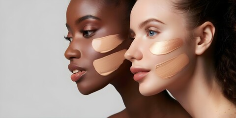 Fototapeta premium Three diverse women applying foundation swatches on their cheeks. Concept Makeup tutorial, Beauty influencers, Diverse representation, Foundation swatches, Cheek application