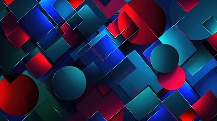 A stunning abstract background with geometric patterns in deep jewel tones, featuring an array of overlapping squares and circles in vibrant hues of sapphire blue, ruby red, and emerald green