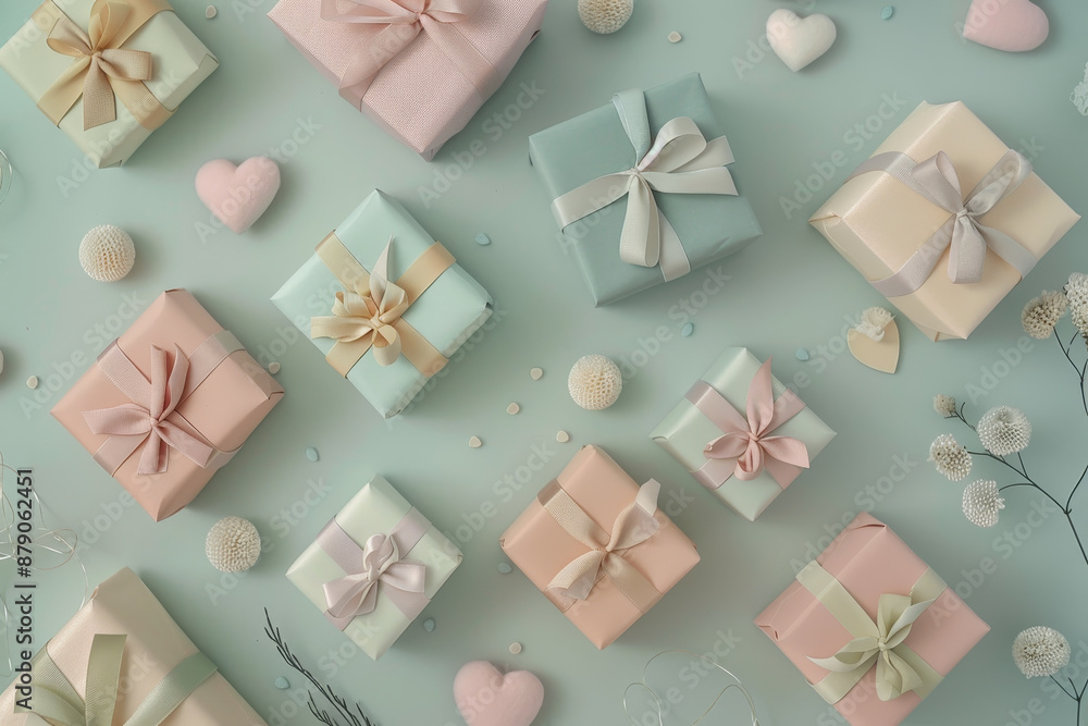 Aufkleber a row of colorful boxes with bows on them, some of which have hearts on them