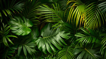 緑豊かなヤシの葉が画面いっぱいに広がる背景用テクスチャーのリアルイラスト