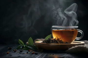 A cup of tea with a wooden tray and a leaf on it