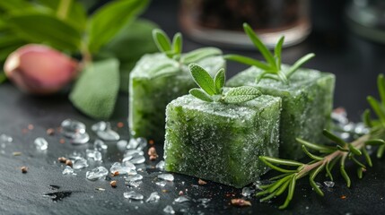 Closeup of frozen herb cubes with fresh rosemary and salt.