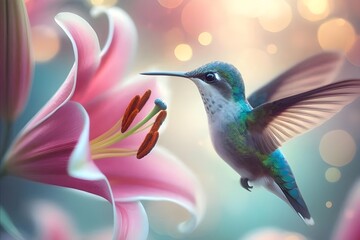 Obraz premium Delicate Hummingbird Landing on a Pink Lily Blossom