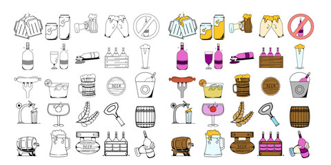 hand drawn line art icon set illustration with a beer theme
