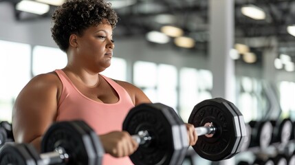 Fototapeta premium Plus-size woman in a fitness setting, showcasing strength and empowerment, embracing her shape and promoting health and well-being