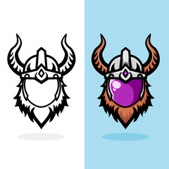 illustration of a logo design with an image of a viking helmet mixed with a glass mask, a combination of traditional and modern